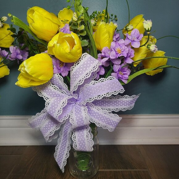 Yellow Tulips & Lavender Blossom Bush Accents, Spring Cemetery Vase Floral Arran - Picture 3 of 3